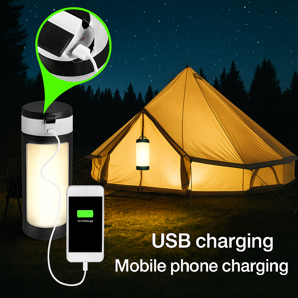 USB rechargeable camping lantern with phone charging feature, shown lighting a tent at night in the forest.
