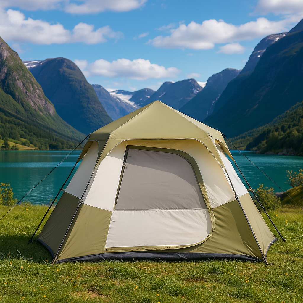 Spacious green camping tent set up by a lake with scenic mountain background under a blue sky with clouds