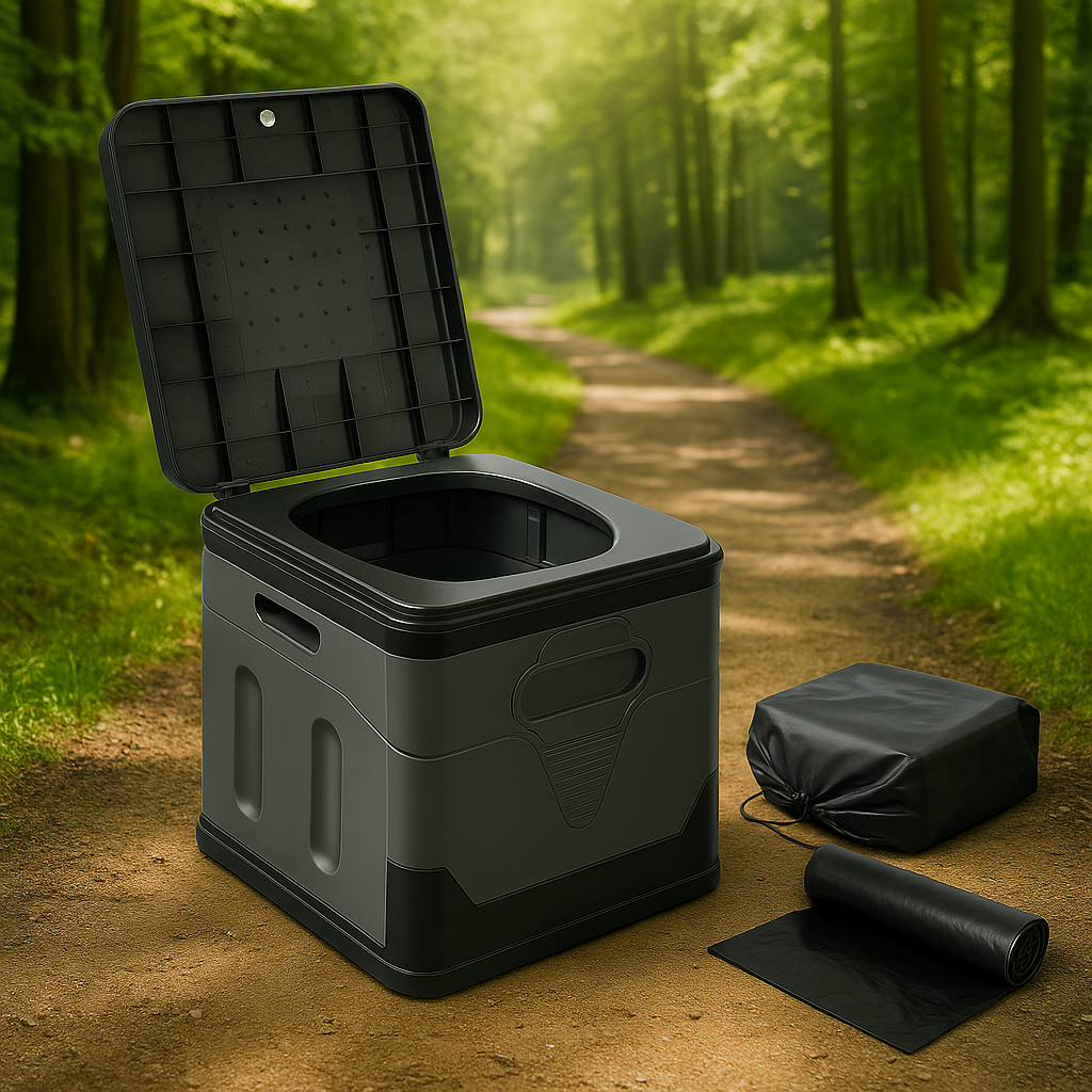 Collapsible portable toilet with lid and accessories in the woods – Roam Up lightweight camping gear