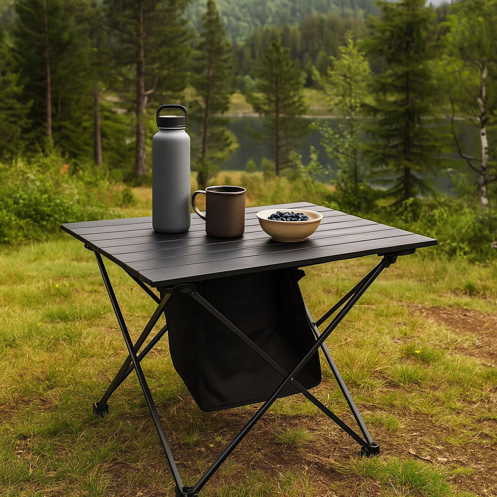 Compact folding camping table in the forest – Roam Up portable outdoor furniture