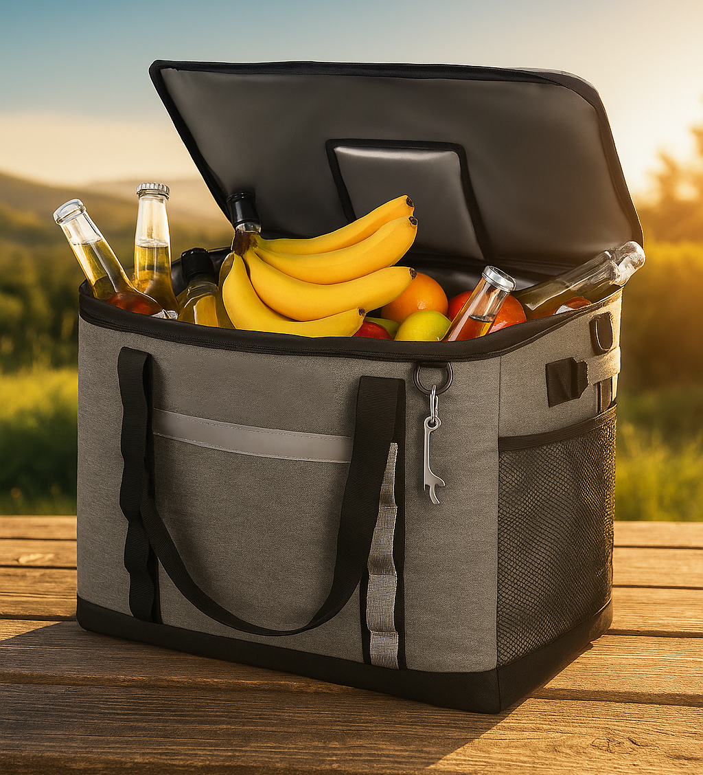 Insulated soft cooler bag filled with fruits and drinks on a wooden table at sunset – Roam Up portable camp kitchen essentials