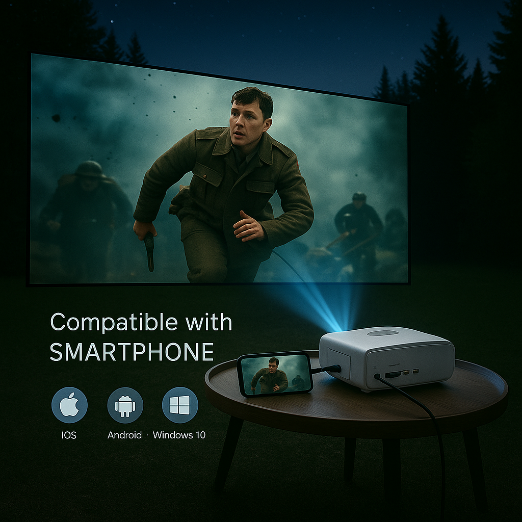 Outdoor projector streaming movies at night on a campsite – Roam Up wireless camping tech essentials