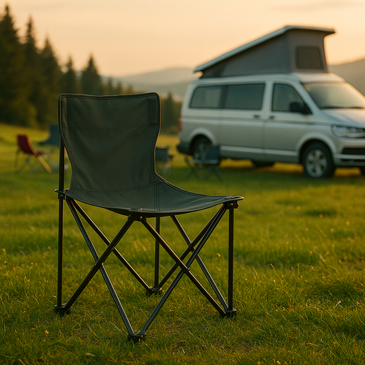 Foldable camping chair on grassy field with camper van at sunset – perfect for vanlife and outdoor adventures
