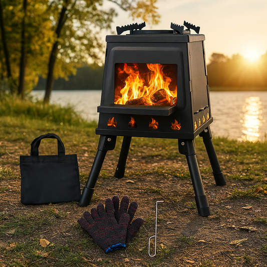 Portable stainless steel camping stove with top grate, designed for wood-burning outdoors