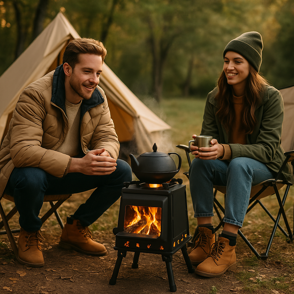 Two campers sitting beside a tent, enjoying hot drinks around a compact wood-burning stove with a teapot on top, surrounded by forest trees.
