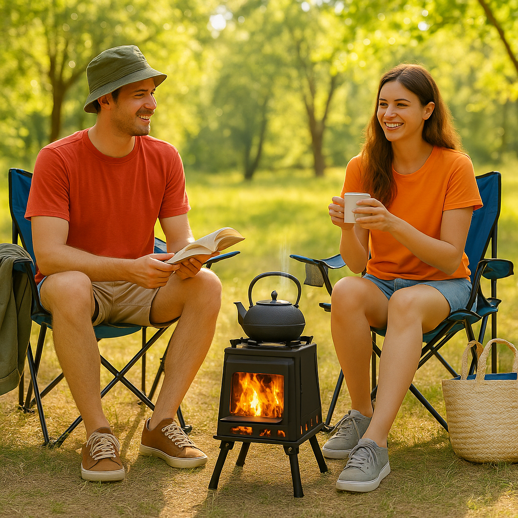 Two campers relaxing on chairs in a forest clearing, enjoying a drink and reading near a compact wood-burning stove with a teapot on top.